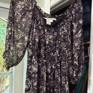 Pleione Purple and Cream Patterned Long Sleeve Smocked Dress